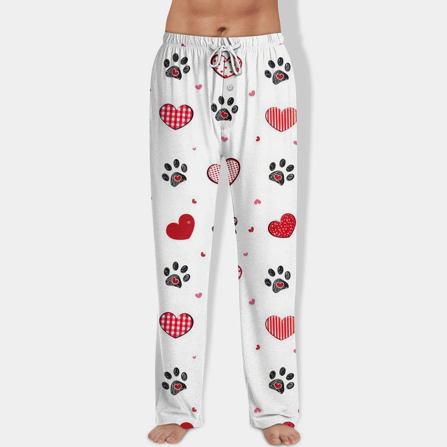Mens Causal Pajama Pants For Fashion Heart Print Lightweight Baggy Straight Fit Soft Drawstring Pj Bottoms
