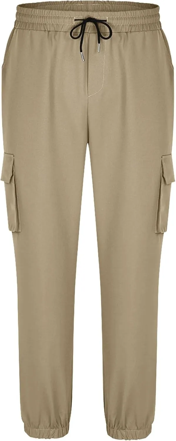 Mens Chinos Pants Elastic Waist Drawstring Twill Durable Cargo Pants Stylish Slim Fit Cinch Bottom Tapered Trousers