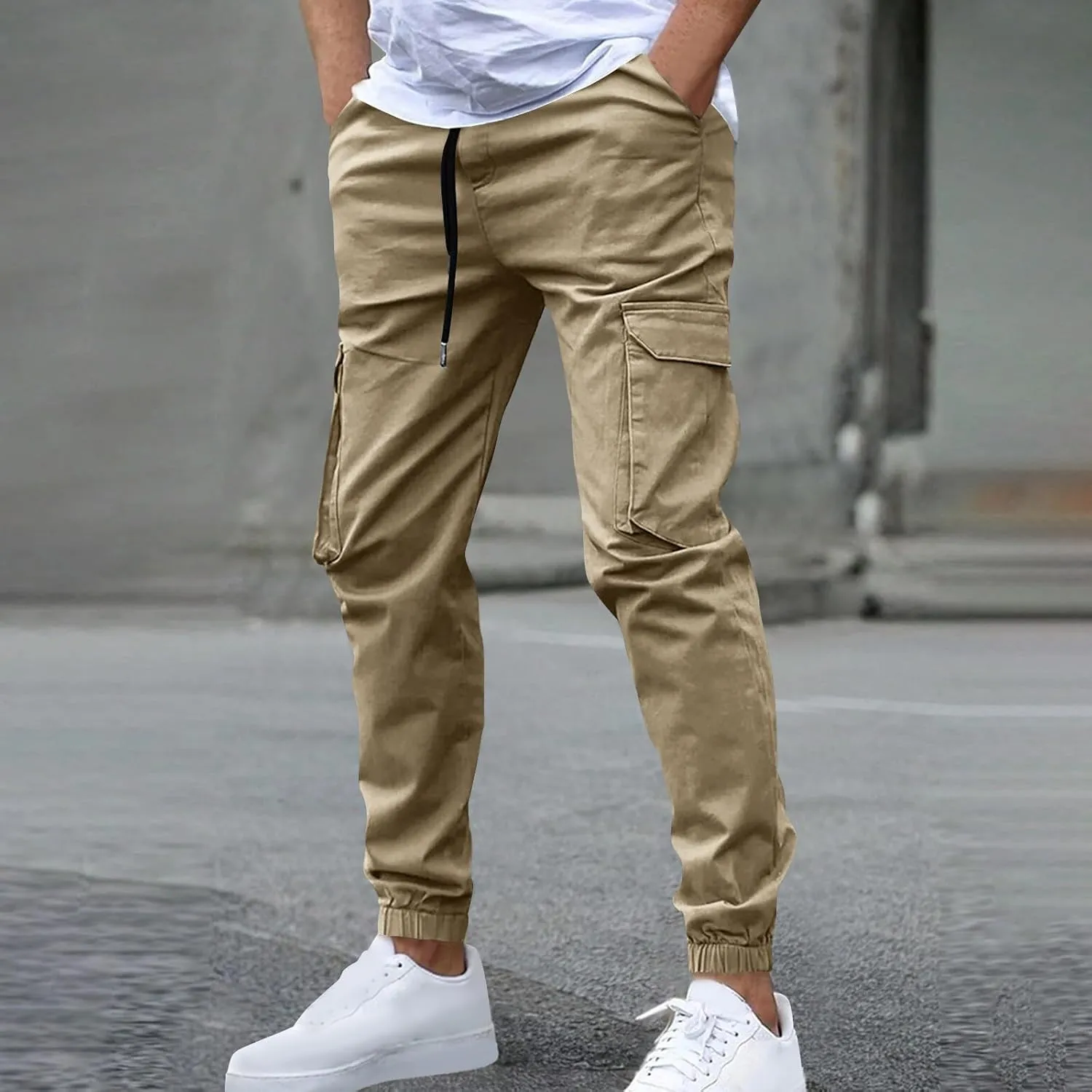 Mens Chinos Pants Elastic Waist Drawstring Twill Durable Cargo Pants Stylish Slim Fit Cinch Bottom Tapered Trousers