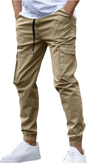 Mens Chinos Pants Elastic Waist Drawstring Twill Durable Cargo Pants Stylish Slim Fit Cinch Bottom Tapered Trousers