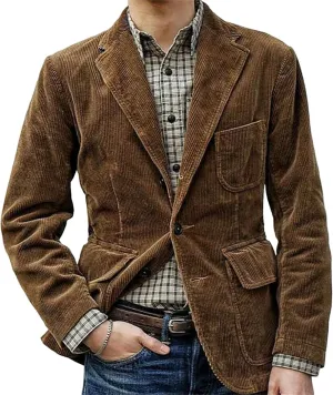Men's Corduroy Blazer Jacket Slim Fit Casual One Button Vintage Notch Lapel Suits Jacket Sport Coat