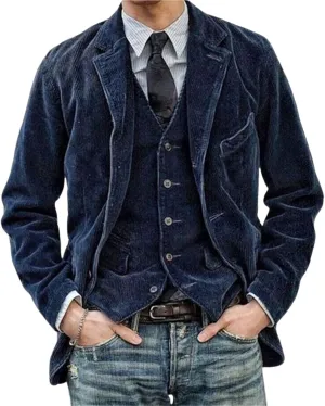 Men's Corduroy Blazer Jacket Slim Fit Casual One Button Vintage Notch Lapel Suits Jacket Sport Coat
