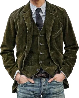 Men's Corduroy Blazer Jacket Slim Fit Casual One Button Vintage Notch Lapel Suits Jacket Sport Coat