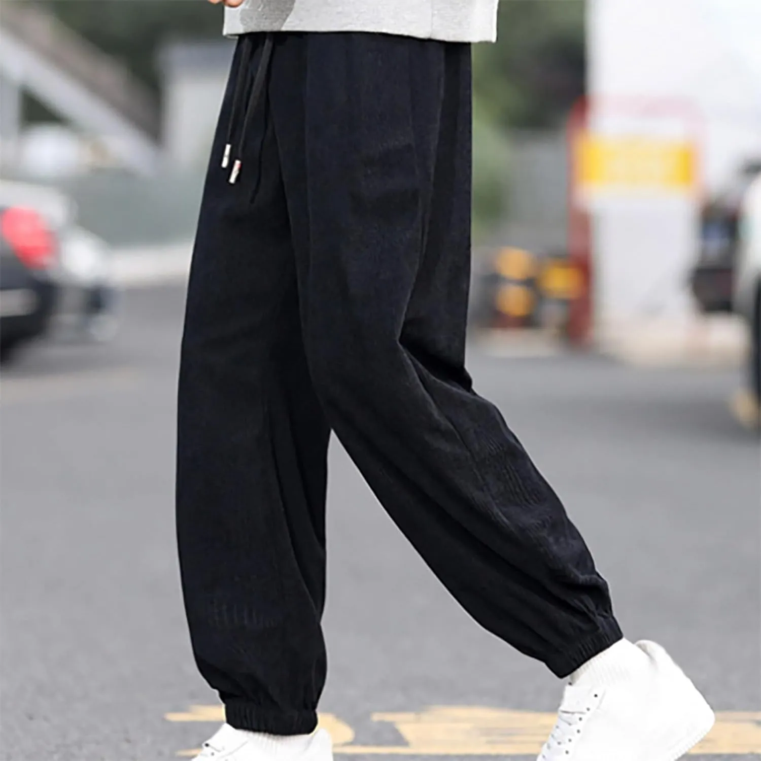 Men's Corduroy Joggers Pants Elastic Waist Drawstring Straight Pants Loose Casual Trendy Solid Trousers with Pockets
