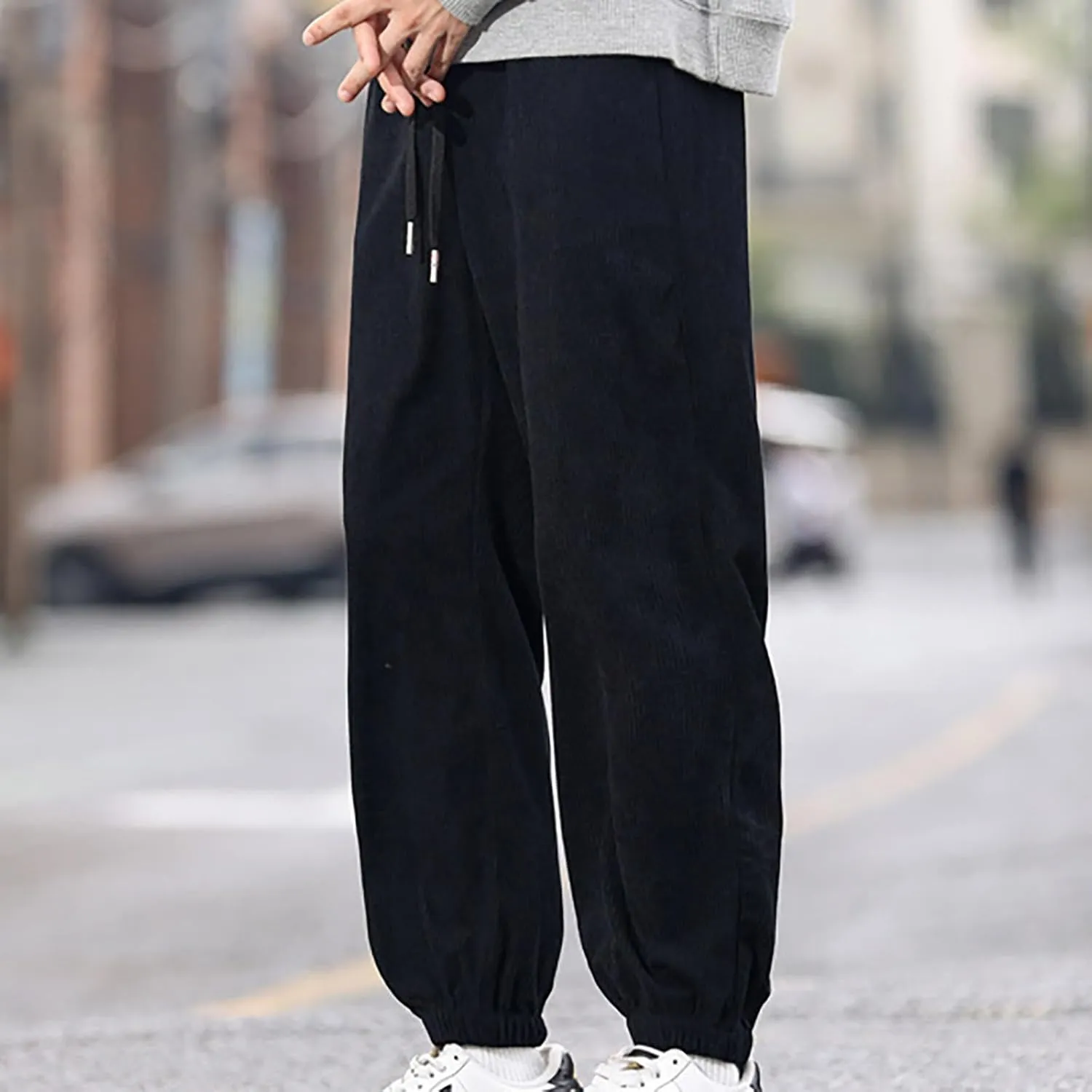 Men's Corduroy Joggers Pants Elastic Waist Drawstring Straight Pants Loose Casual Trendy Solid Trousers with Pockets