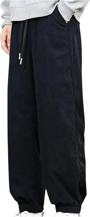 Men's Corduroy Joggers Pants Elastic Waist Drawstring Straight Pants Loose Casual Trendy Solid Trousers with Pockets