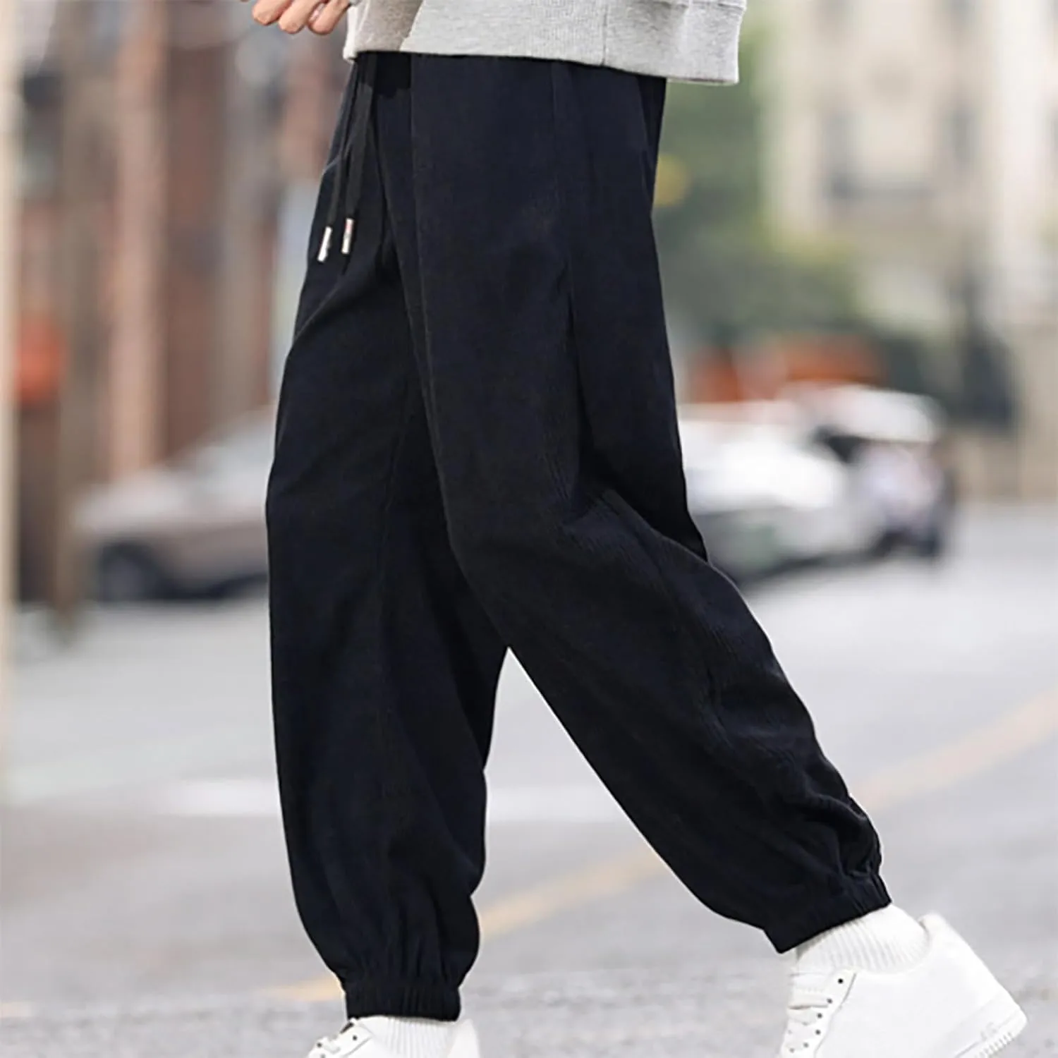 Men's Corduroy Joggers Pants Elastic Waist Drawstring Straight Pants Loose Casual Trendy Solid Trousers with Pockets