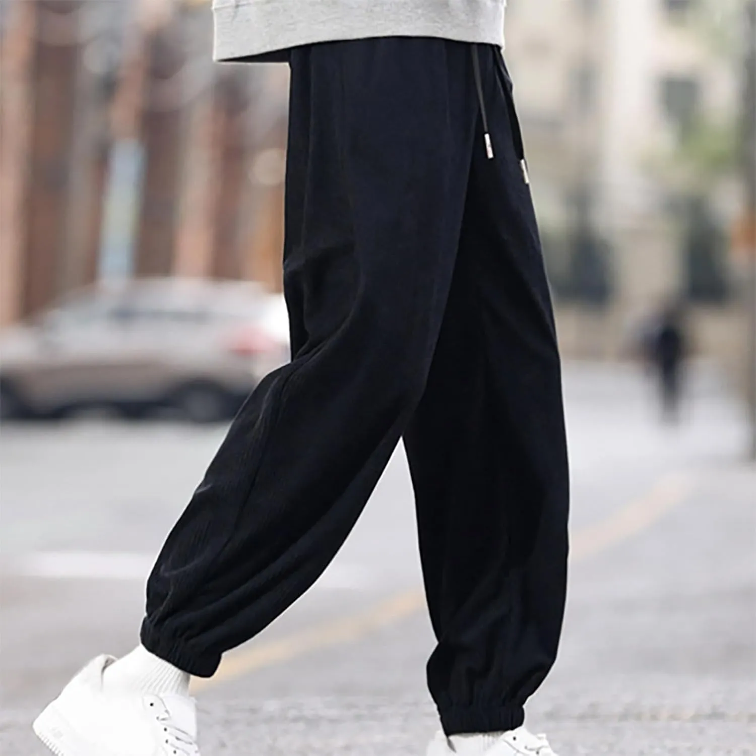 Men's Corduroy Joggers Pants Elastic Waist Drawstring Straight Pants Loose Casual Trendy Solid Trousers with Pockets