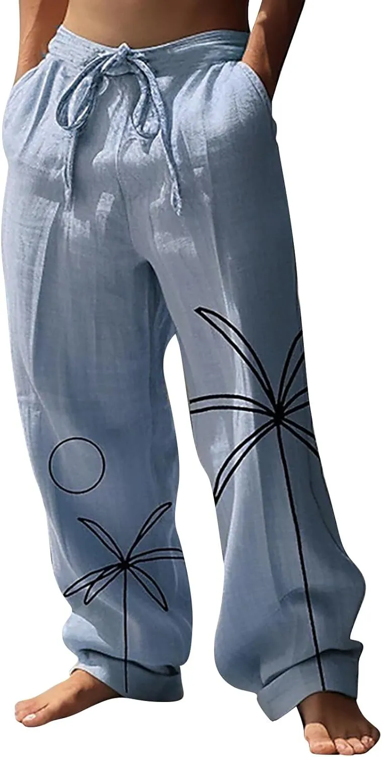 Mens Cotton Linen Drawstring Harem Pants Lightweight Loose Fit Wide Leg Hawaiian Jogger Yoga Beach Long Trousers