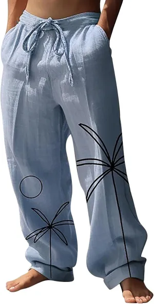 Mens Cotton Linen Drawstring Harem Pants Lightweight Loose Fit Wide Leg Hawaiian Jogger Yoga Beach Long Trousers