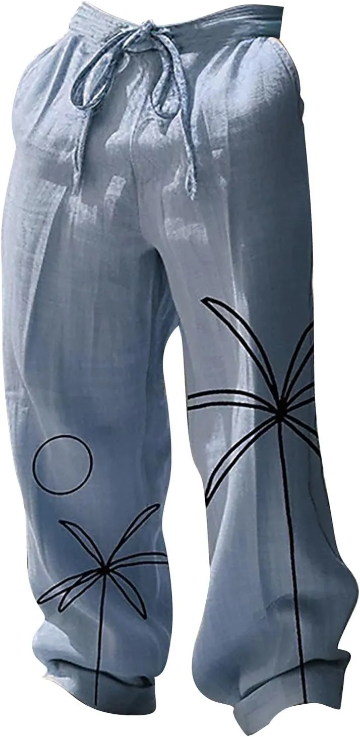 Mens Cotton Linen Drawstring Harem Pants Lightweight Loose Fit Wide Leg Hawaiian Jogger Yoga Beach Long Trousers