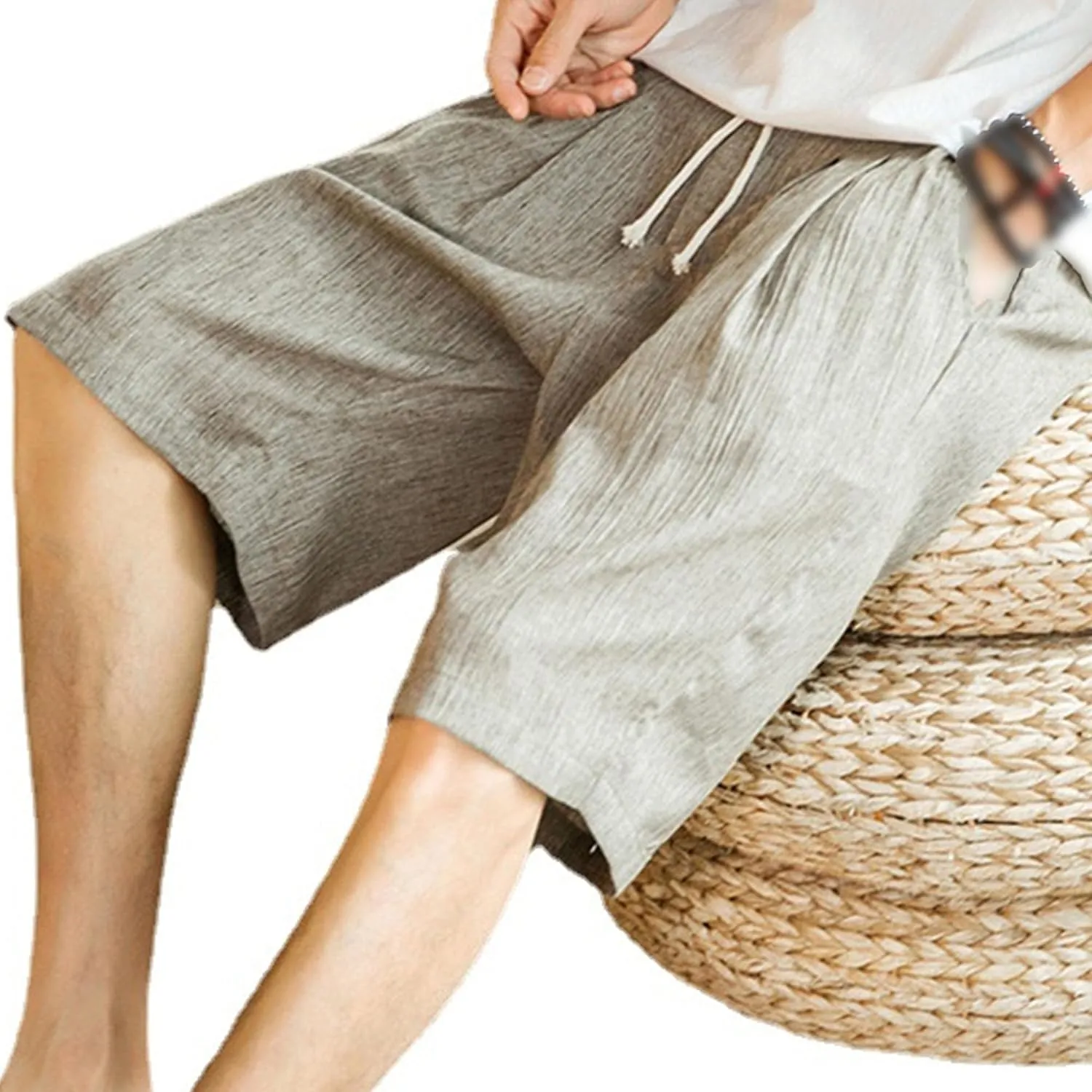 Men's Drawstring Cotton Linen Casual Thin Shorts Classic Fit Trend Lounge Shorts Solid Stretch Summer Beach Shorts