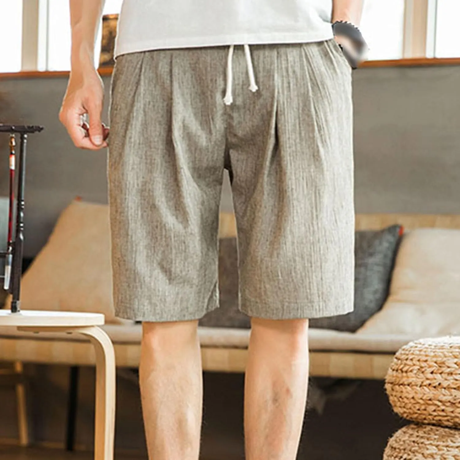 Men's Drawstring Cotton Linen Casual Thin Shorts Classic Fit Trend Lounge Shorts Solid Stretch Summer Beach Shorts