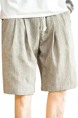Men's Drawstring Cotton Linen Casual Thin Shorts Classic Fit Trend Lounge Shorts Solid Stretch Summer Beach Shorts