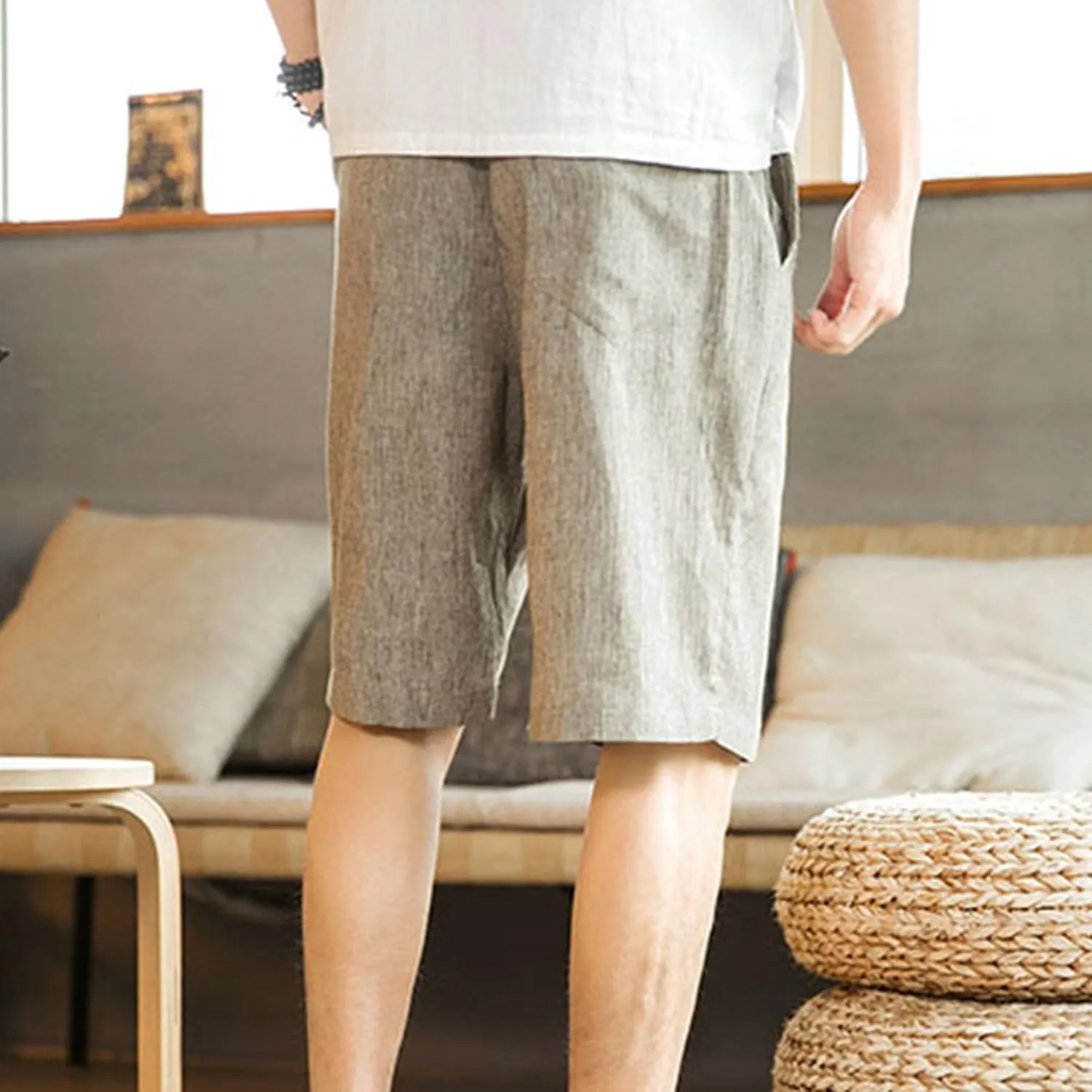 Men's Drawstring Cotton Linen Casual Thin Shorts Classic Fit Trend Lounge Shorts Solid Stretch Summer Beach Shorts