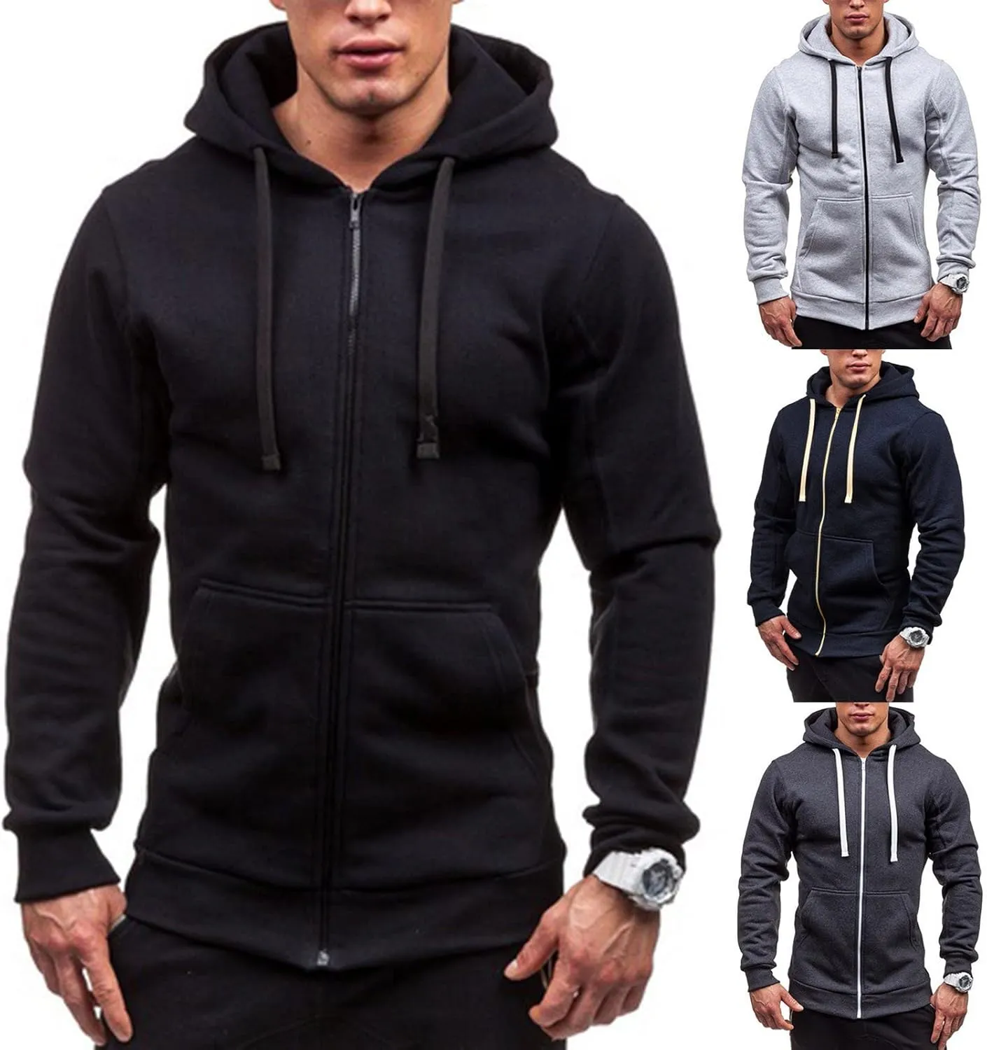 Men's Full Zip Fleece Hoodie Fashion Zippered Drawstring Hooded Slim Fit Hoodies Long Sleeve Lightweight Sweatshirt