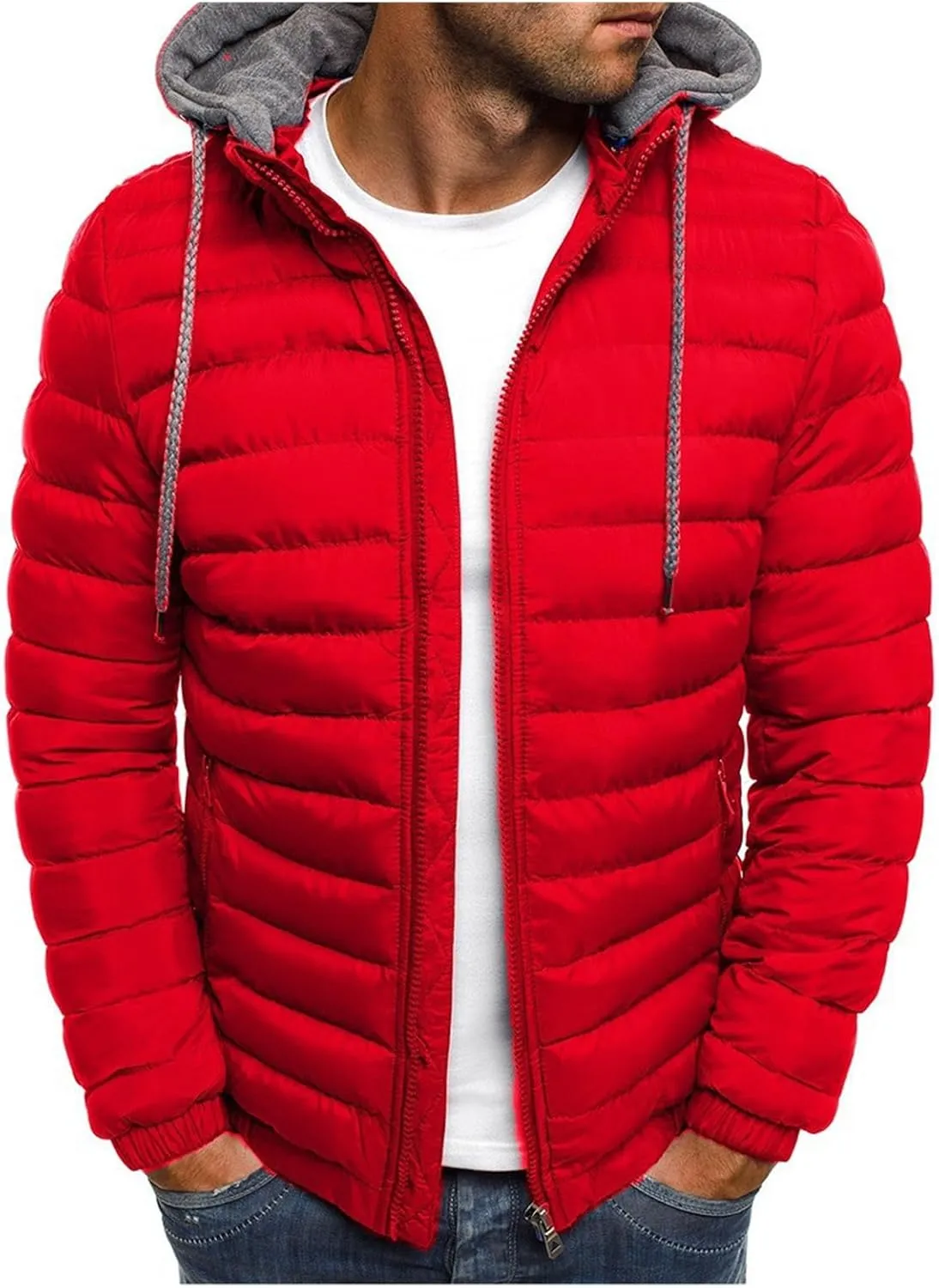Men's Lightweight Puffer Jacket Hooded Full Zip Water-Resistant Quilted Lined Winter Coats for Outdoor Hiking Camping
