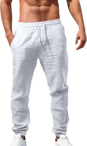 Mens Linen Drawstring Pants Elastic Waist Lightweight Trouser Casual Straight-Leg Yoga Summer Beach Pants