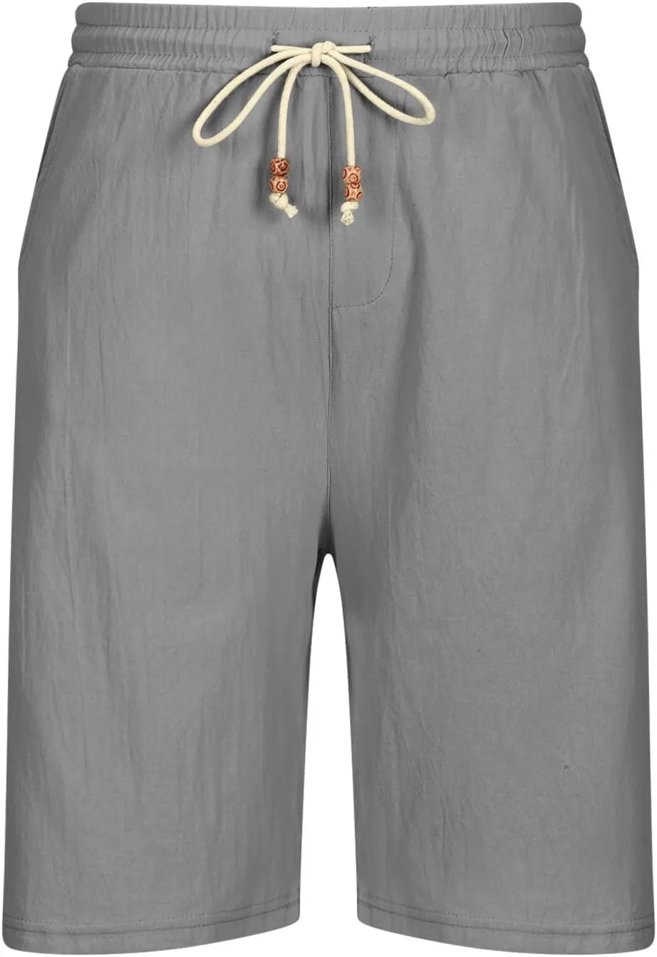 Mens Linen Shorts Casual Summer Stretch Waist Drawstring Lounge Shorts Loose Fit Lightweight Beach Shorts with Pocket