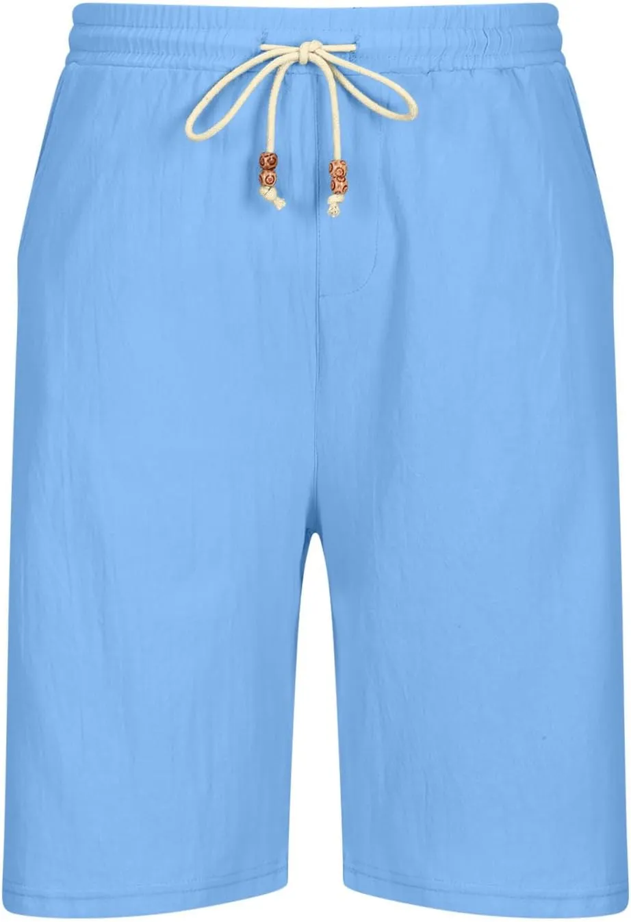 Mens Linen Shorts Casual Summer Stretch Waist Drawstring Lounge Shorts Loose Fit Lightweight Beach Shorts with Pocket