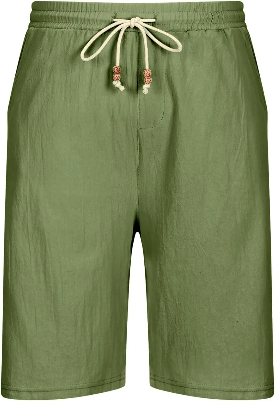 Mens Linen Shorts Casual Summer Stretch Waist Drawstring Lounge Shorts Loose Fit Lightweight Beach Shorts with Pocket