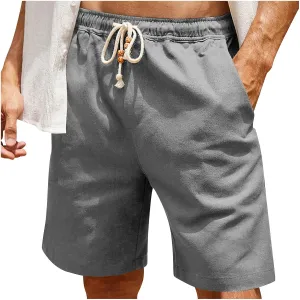 Mens Linen Shorts Casual Summer Stretch Waist Drawstring Lounge Shorts Loose Fit Lightweight Beach Shorts with Pocket
