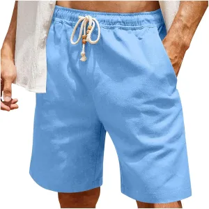 Mens Linen Shorts Casual Summer Stretch Waist Drawstring Lounge Shorts Loose Fit Lightweight Beach Shorts with Pocket