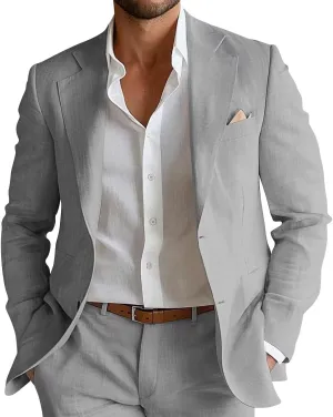 Mens Linen Suit 2 Piece Slim Fit Linen Suits for Men Beach Wedding Two Button Summer Casual Prom Party Suits Set