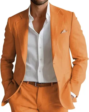 Mens Linen Suit 2 Piece Slim Fit Linen Suits for Men Beach Wedding Two Button Summer Casual Prom Party Suits Set
