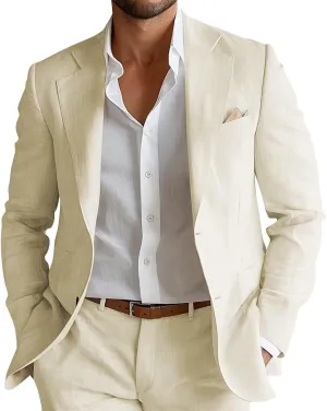 Mens Linen Suit 2 Piece Slim Fit Linen Suits for Men Beach Wedding Two Button Summer Casual Prom Party Suits Set