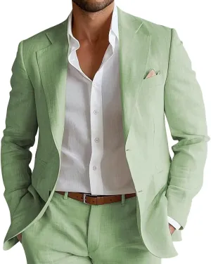 Mens Linen Suit 2 Piece Slim Fit Linen Suits for Men Beach Wedding Two Button Summer Casual Prom Party Suits Set
