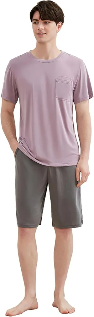 Mens Pajama Set Cotton Sleepwear Nightwear Short Sleeve Shirt and Shorts Lounge Wear Pjs Sleep Sets