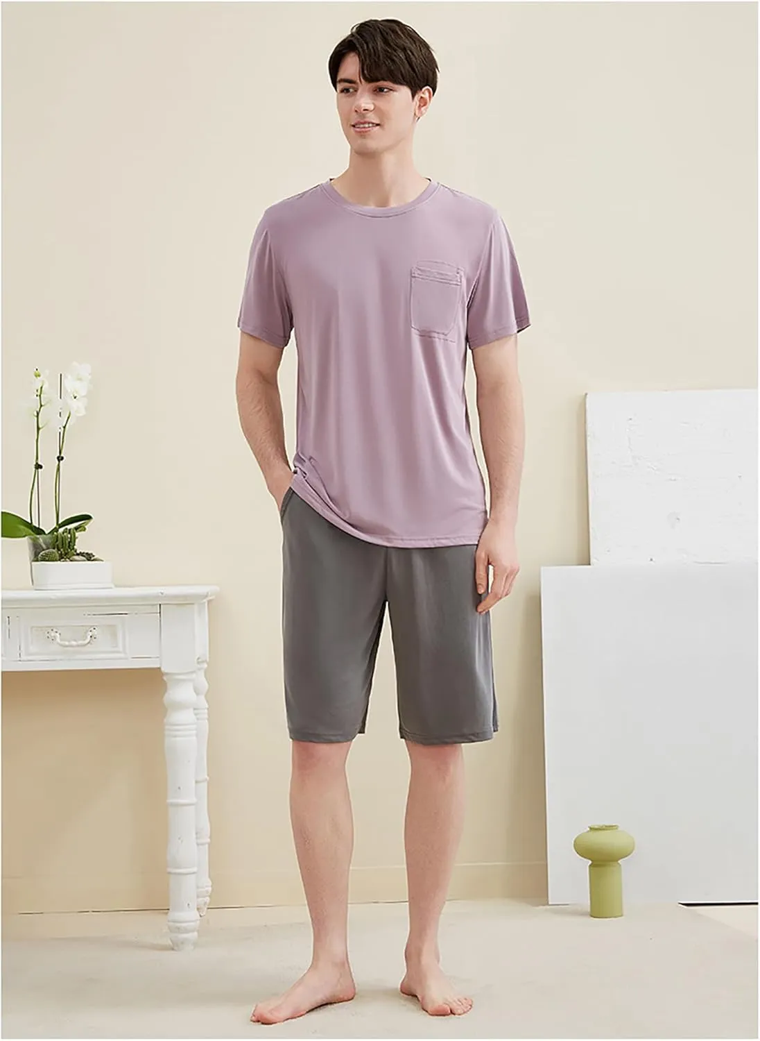 Mens Pajama Set Cotton Sleepwear Nightwear Short Sleeve Shirt and Shorts Lounge Wear Pjs Sleep Sets