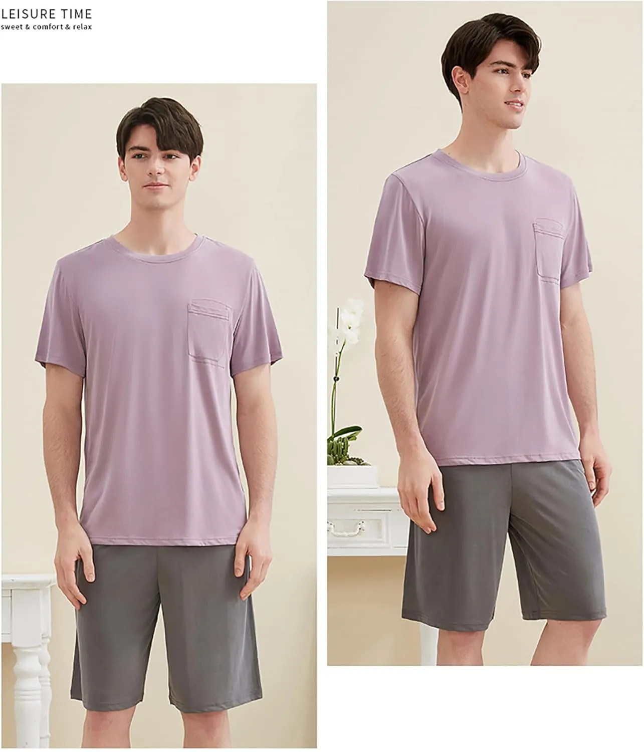 Mens Pajama Set Cotton Sleepwear Nightwear Short Sleeve Shirt and Shorts Lounge Wear Pjs Sleep Sets