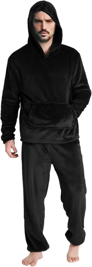 Mens Pajamas Set 2Pc Hooded Fleece Jumpsuit Flannel Pajamas Winter Thermal Lounge Pants Long Sleeve Sleepwear