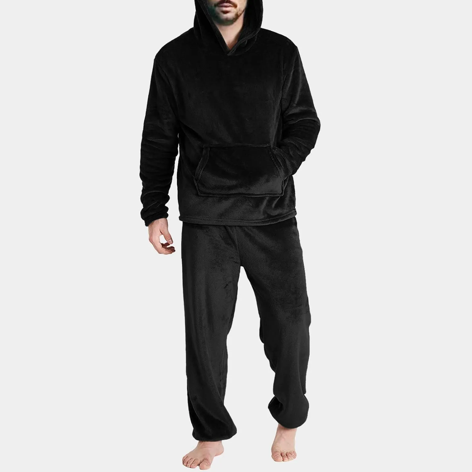 Mens Pajamas Set 2Pc Hooded Fleece Jumpsuit Flannel Pajamas Winter Thermal Lounge Pants Long Sleeve Sleepwear