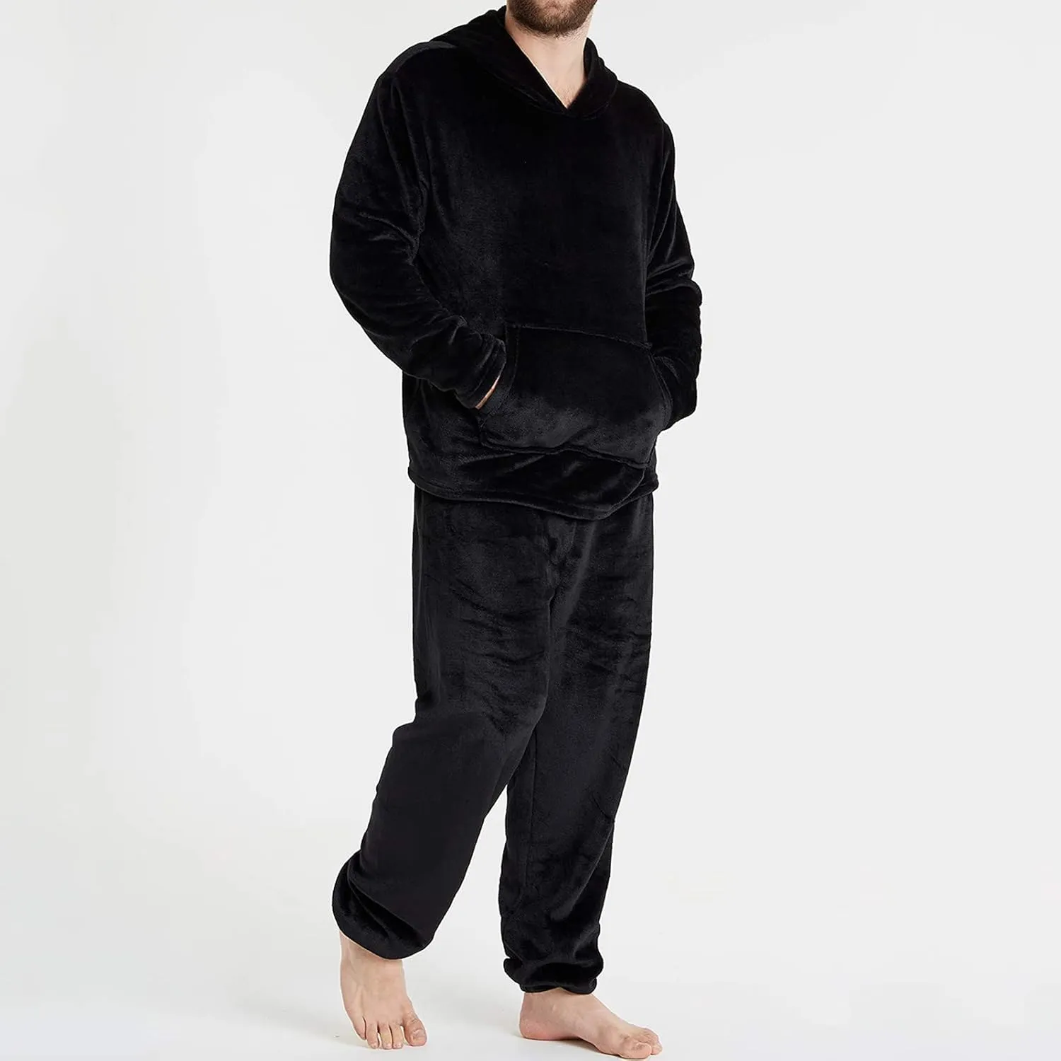 Mens Pajamas Set 2Pc Hooded Fleece Jumpsuit Flannel Pajamas Winter Thermal Lounge Pants Long Sleeve Sleepwear