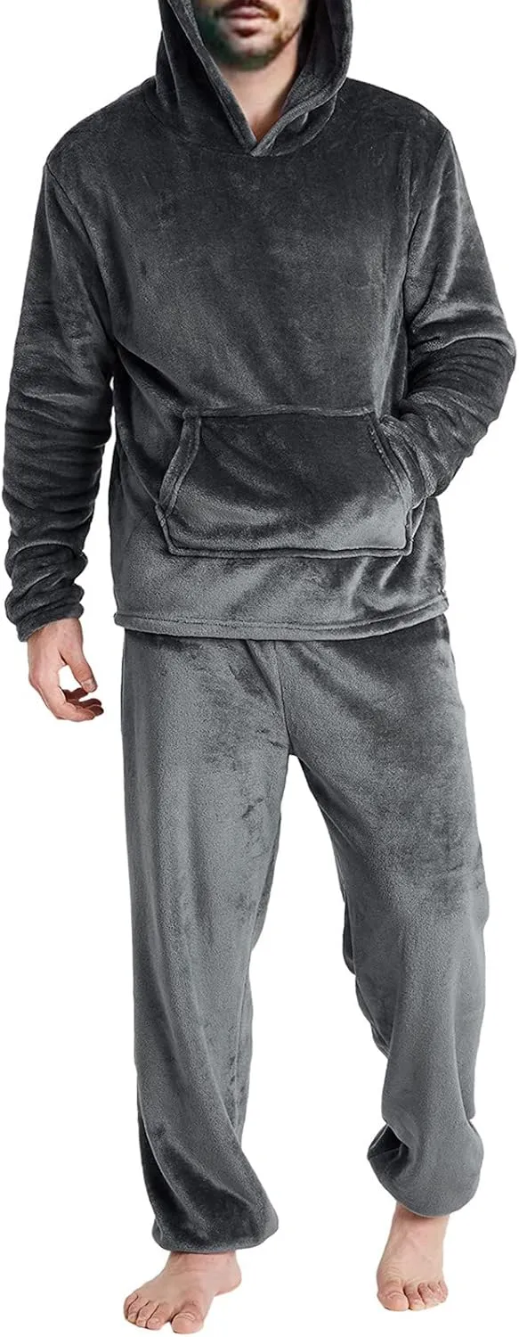 Mens Pajamas Set 2Pc Hooded Fleece Jumpsuit Flannel Pajamas Winter Thermal Lounge Pants Long Sleeve Sleepwear