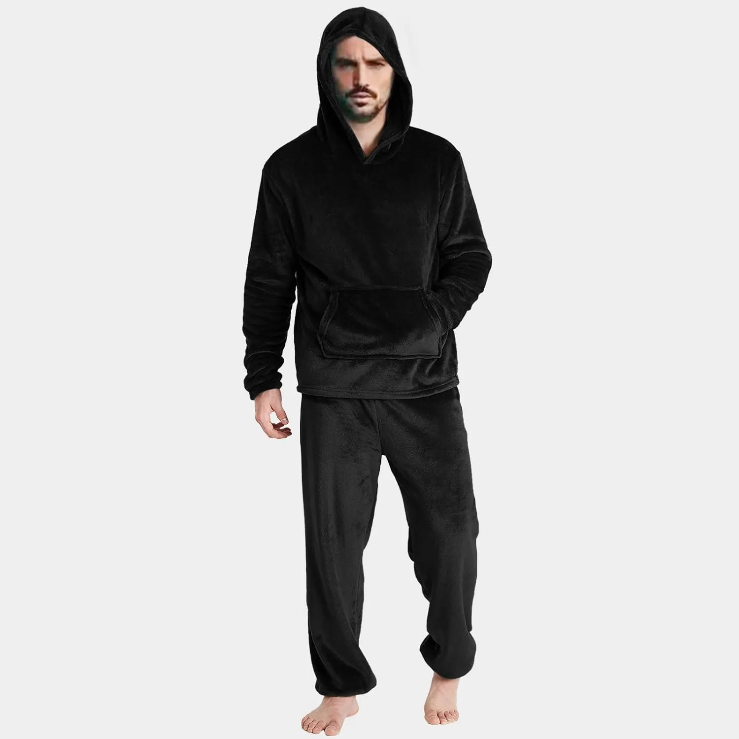 Mens Pajamas Set 2Pc Hooded Fleece Jumpsuit Flannel Pajamas Winter Thermal Lounge Pants Long Sleeve Sleepwear