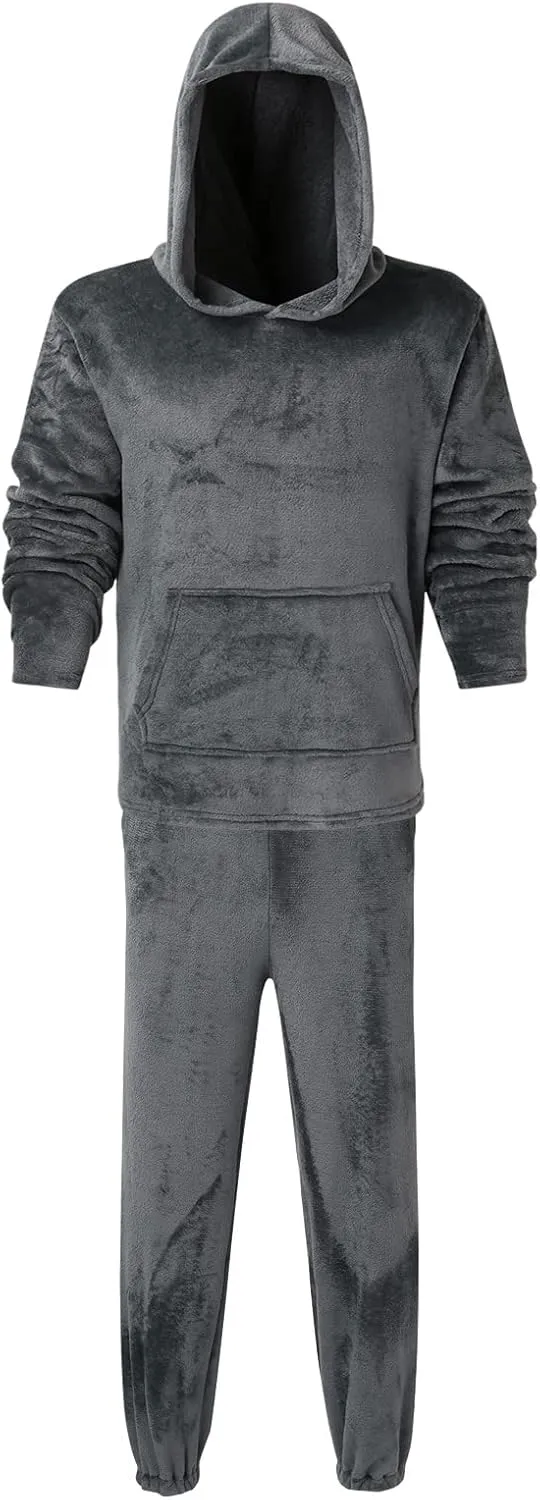 Mens Pajamas Set 2Pc Hooded Fleece Jumpsuit Flannel Pajamas Winter Thermal Lounge Pants Long Sleeve Sleepwear