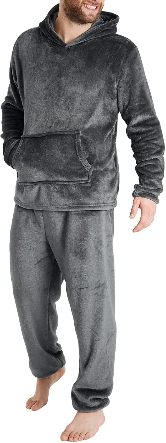 Mens Pajamas Set 2Pc Hooded Fleece Jumpsuit Flannel Pajamas Winter Thermal Lounge Pants Long Sleeve Sleepwear