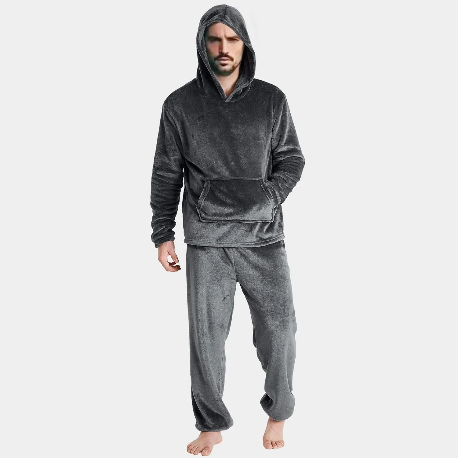 Mens Pajamas Set 2Pc Hooded Fleece Jumpsuit Flannel Pajamas Winter Thermal Lounge Pants Long Sleeve Sleepwear