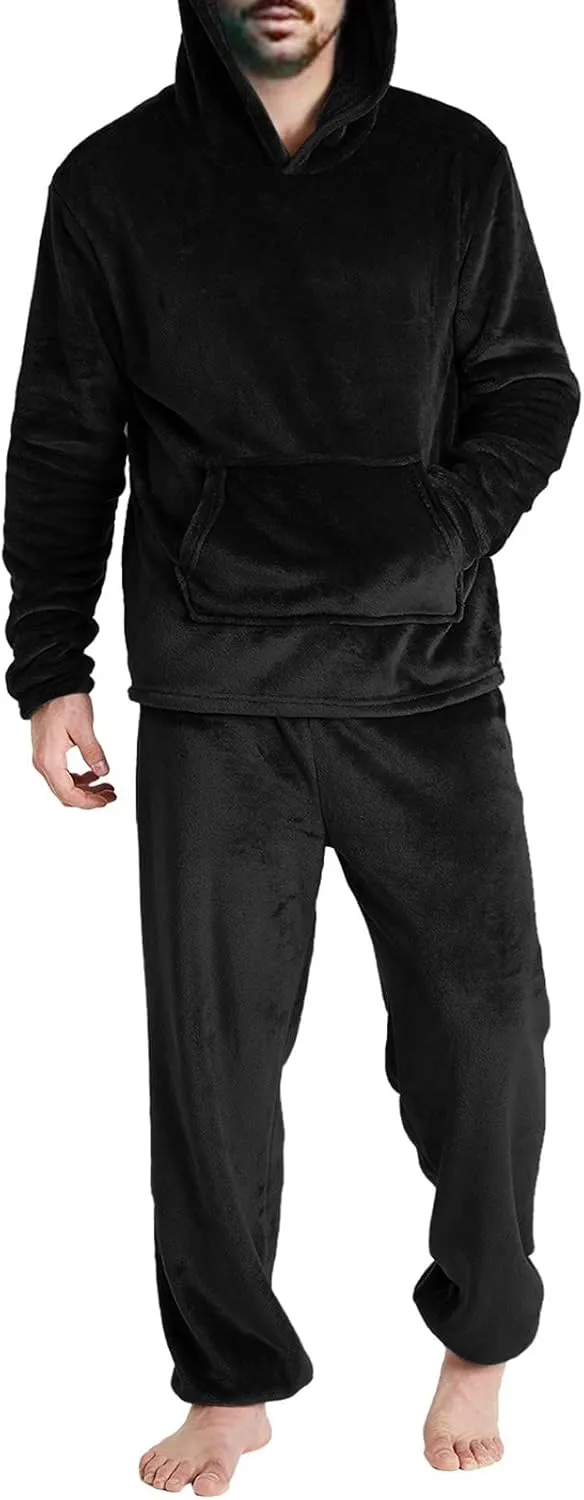 Mens Pajamas Set 2Pc Hooded Fleece Jumpsuit Flannel Pajamas Winter Thermal Lounge Pants Long Sleeve Sleepwear