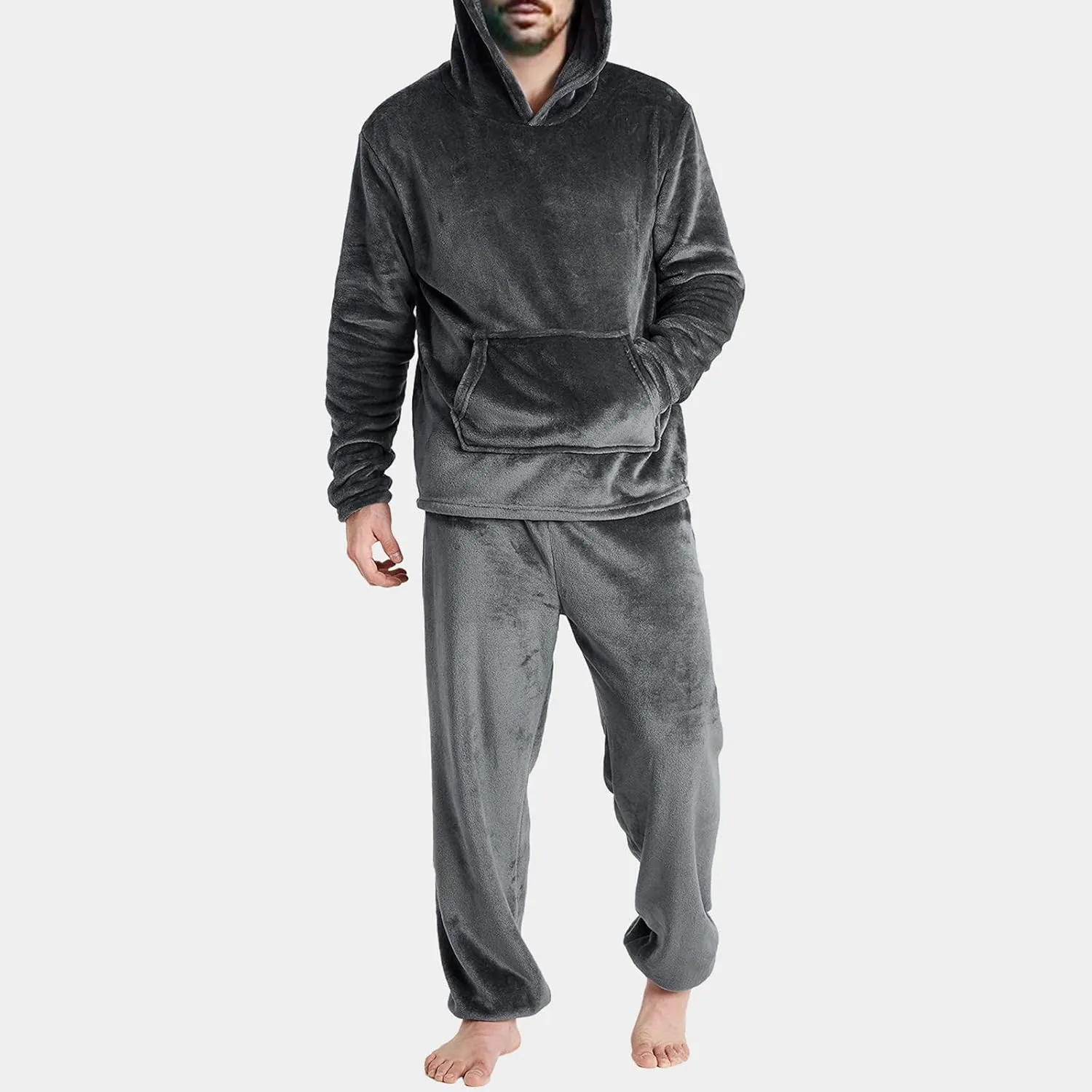 Mens Pajamas Set 2Pc Hooded Fleece Jumpsuit Flannel Pajamas Winter Thermal Lounge Pants Long Sleeve Sleepwear