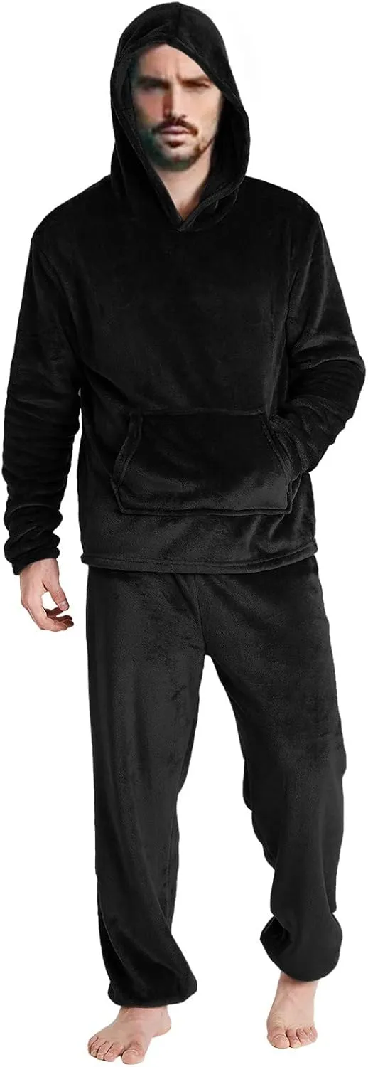 Mens Pajamas Set 2Pc Hooded Fleece Jumpsuit Flannel Pajamas Winter Thermal Lounge Pants Long Sleeve Sleepwear