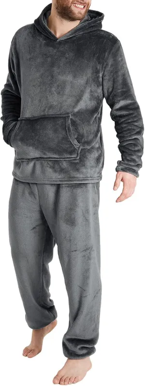 Mens Pajamas Set 2Pc Hooded Fleece Jumpsuit Flannel Pajamas Winter Thermal Lounge Pants Long Sleeve Sleepwear
