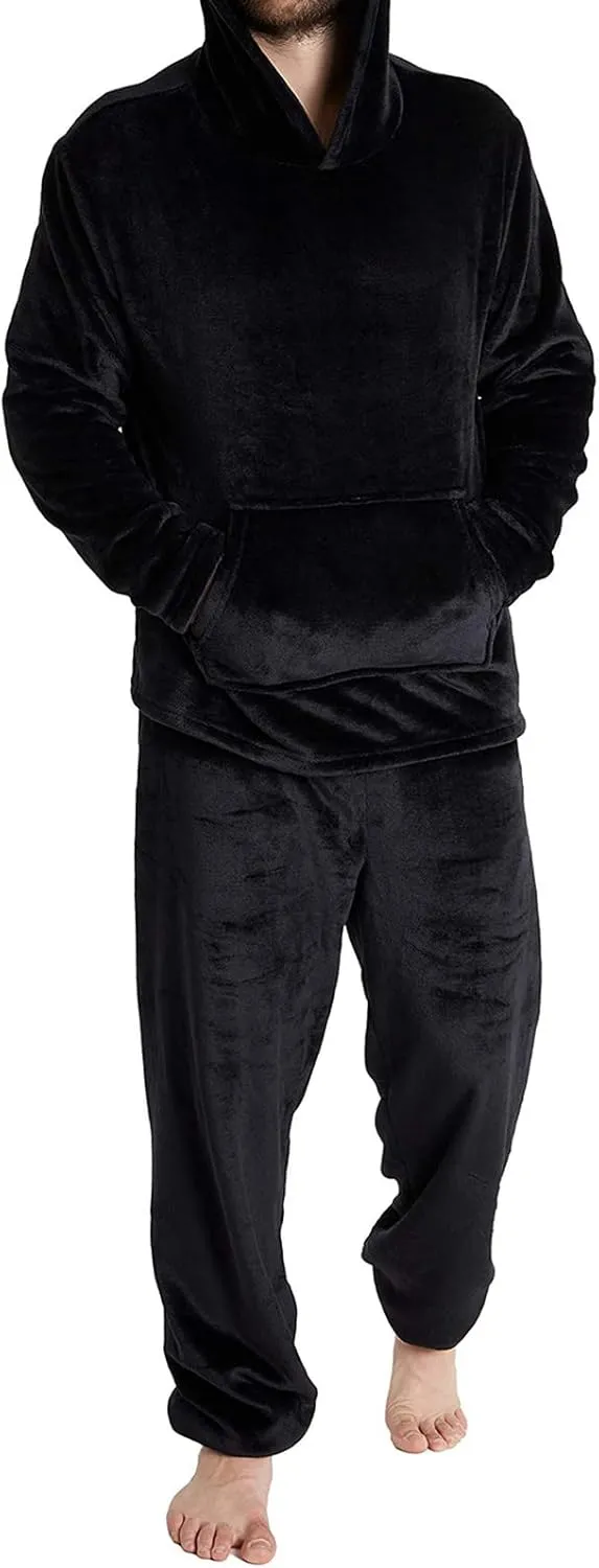 Mens Pajamas Set 2Pc Hooded Fleece Jumpsuit Flannel Pajamas Winter Thermal Lounge Pants Long Sleeve Sleepwear