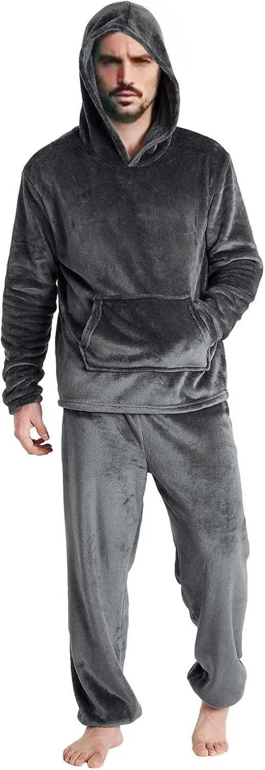 Mens Pajamas Set 2Pc Hooded Fleece Jumpsuit Flannel Pajamas Winter Thermal Lounge Pants Long Sleeve Sleepwear