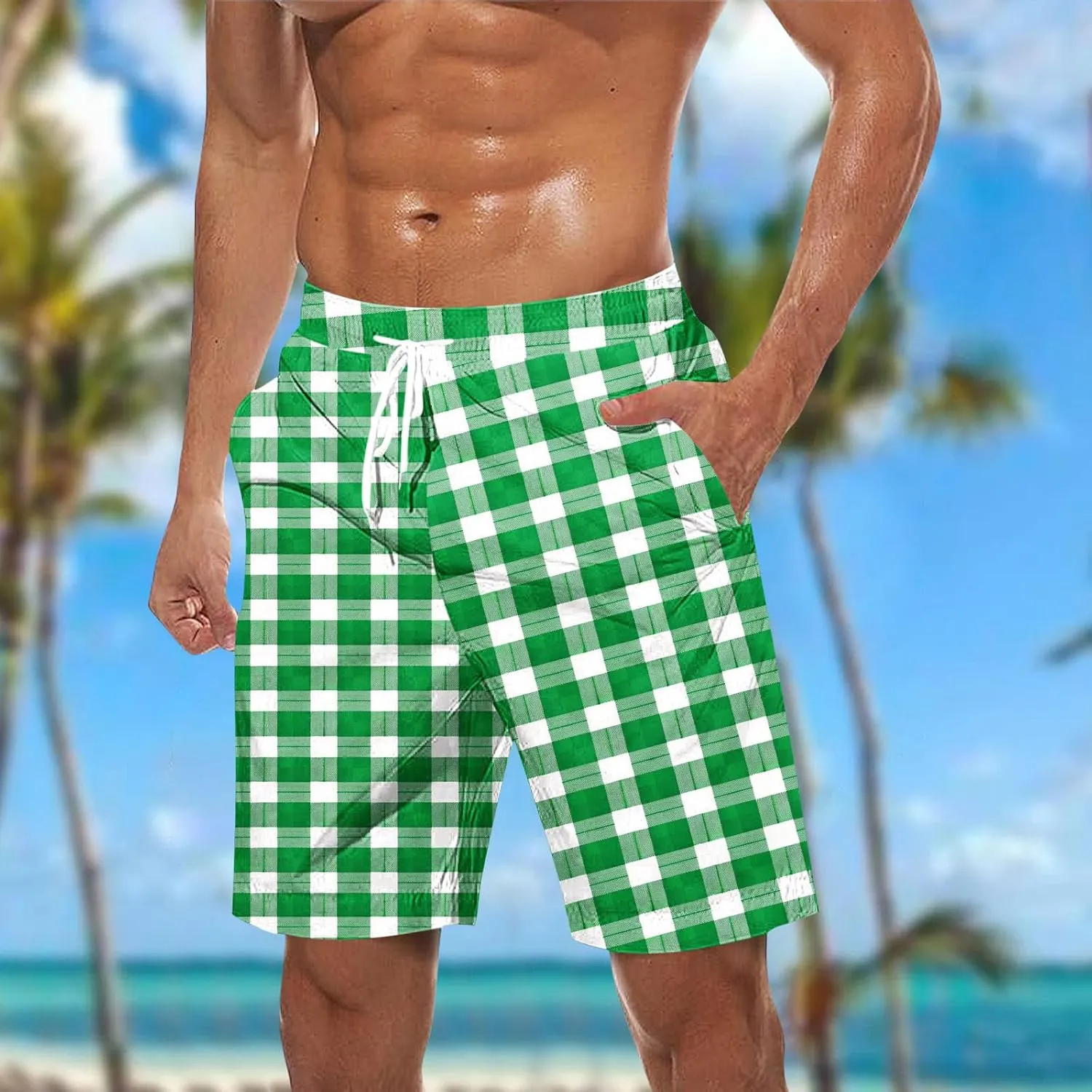 Men's Plaid Shorts Drawstring Elastic Waist Lounge Short Pants Quick Dry Loose Fit Swim Shorts Funny Beach Shorts