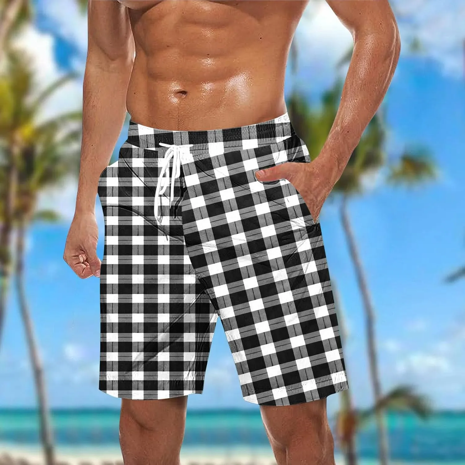 Men's Plaid Shorts Drawstring Elastic Waist Lounge Short Pants Quick Dry Loose Fit Swim Shorts Funny Beach Shorts